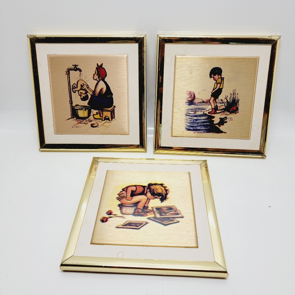 3pc Vtg Georges Redon Naughties Metal Tile Art Wall Bathroom Metalco Industries.